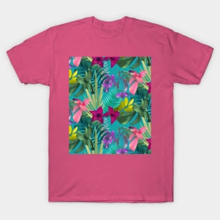 Elegant tropical flowers and leaves pattern purple illustration, blue tropical pattern over a T-Shirt